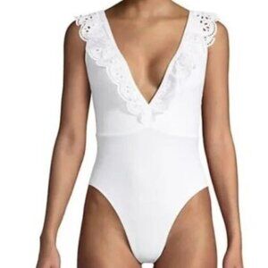 White Swimsuit Size L Eyelet Ruffle Plunge Cheeky Monokini Bachelorette